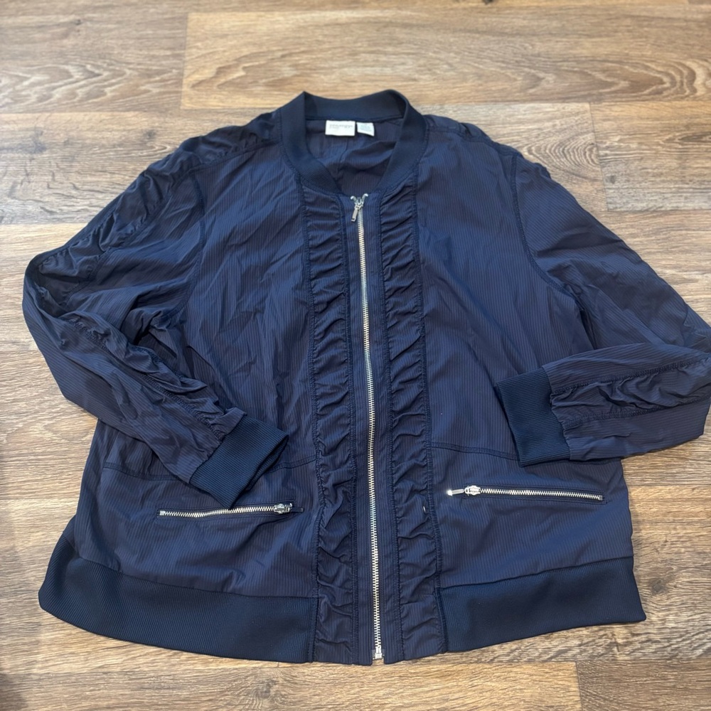 Chico’s Zenergy Navy Blue Full Zip Jacket Sz 3 Nylon Ruched Sleeve Athleisure - Picture 1 of 6